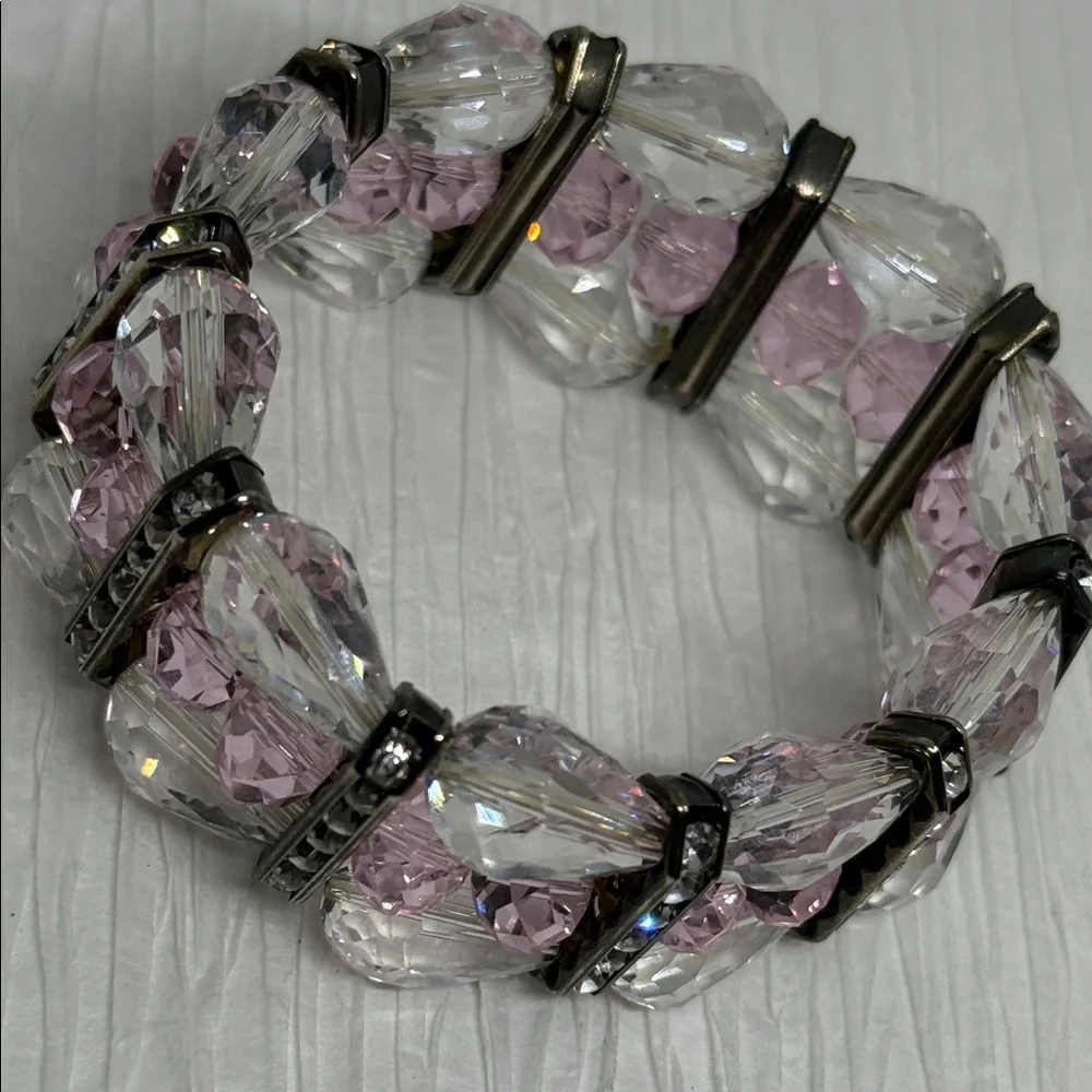 Beautiful Pink and Clear Crystal Stretch Bracelet rhinestone gun metal spacers